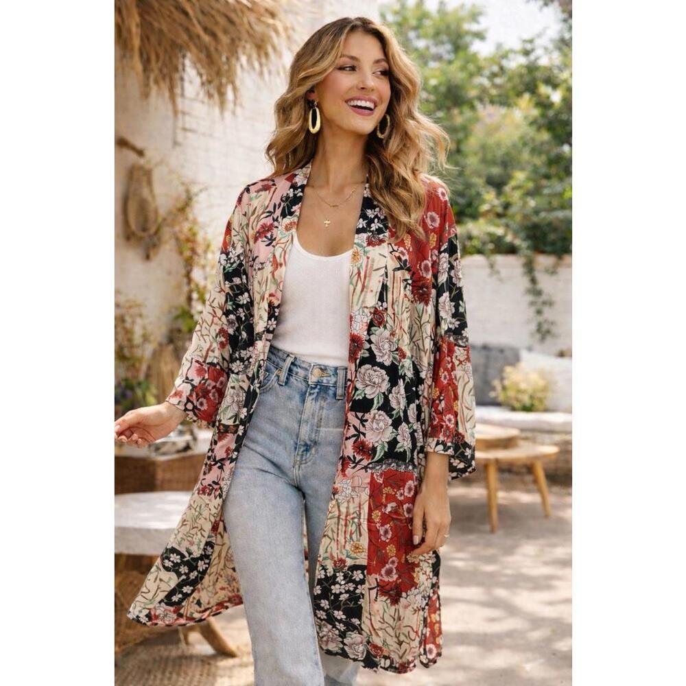 NWT Hayden S/M Black Mix Floral Patchwork Duster Kimono Open Front Rayon A16